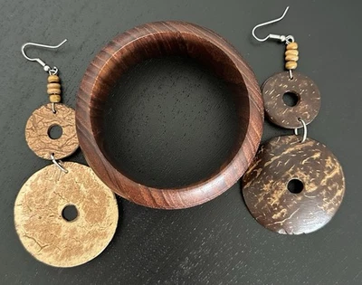 Handmade Coconut Shell Earrings And Wooden Bracelet  - Image 1 of 4