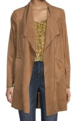 Max Studio 女式开襟长线夹克浅棕色人造麂皮绒 1X 全新带标签 — 第 1/4 张图片