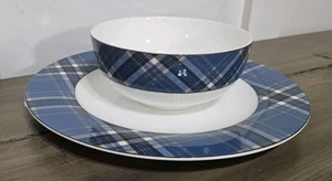 NUOVO! Mikasa 'TARTAN BLUE' Plaid Bone China Piatto e Zuppiera Ciotola Cereali SET 2 Pezzi - Foto 1 di 7