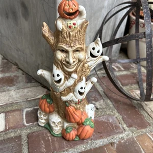 VTG Halloween Tree, Ghosts, Pumpkins, Skulls SPOOKY Cute 10” Ceramic Tea Lite - Picture 1 of 13