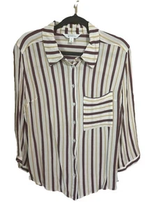 Market & Spruce Womens Striped Button Up Blouse Top Sz L Roll Tab Sleeve Pocket - Picture 1 of 13