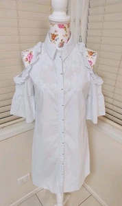 CUE Size 10 Cold Shoulder Ruffle Striped A Line Summer Dress Button Down  - Picture 1 of 7