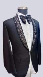 Elegant Black Tuxedo Jacket With Embroidered Shawl Lapel And Matching Bow Tie - Picture 1 of 7