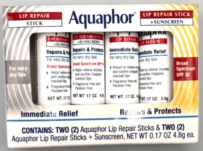 Barra hidratante reparadora y protectora de labios Aquaphor FPS 30 0,17 OZ cada una (paquete de 4) Foto 1 de 2