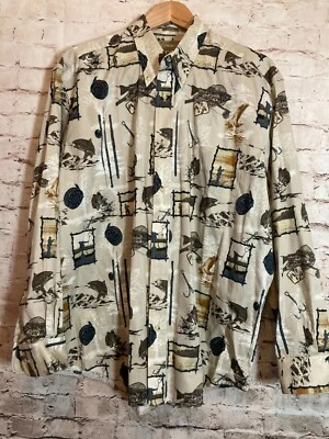 Natural Issue Shirt Mens Large Beige Fishing Print Button Front Wrinkle Free - Image 1 of 4