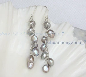 Natural 8-9mm Gray Freshwater Baroque Pearl Cluster Dangle Leverback Earrings - Picture 1 of 3
