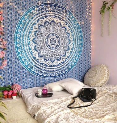 Mandala Tapestry Indian Wall Hanging Decor Blue Ombre Queen Boho Bedspread Throw - Image 1 of 4