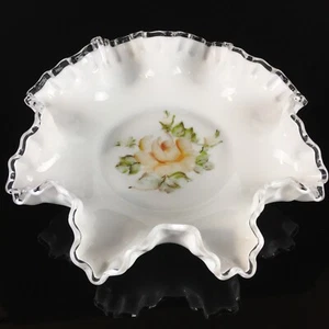 Fenton Milk Glass Silver Crest YELLOW ROSE Ruffled Floral Bowl silvercrest Crimp - Picture 1 of 9
