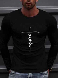 Camiseta Hombres Cruz de fe Manga Larga Negro Estampado Camisa Casual Suave Moda - Foto 1 di 16