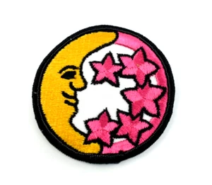 Yellow Crescent Moon Pink Stars Embroidered Iron on Sew on Patch Applique Badge - Picture 1 of 1