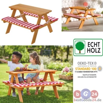 Kinder Sitzgarnitur Gartenmöbel Holz Kindertisch Bank Maltisch inkl. Polster - Bild 1 von 4