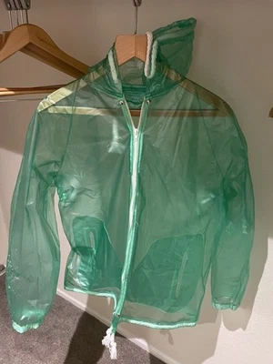 70's 80's Vintage PVC Vinyl  Translucent Jelly Raincoat Mac In Light Blue Size L - Image 1 of 4
