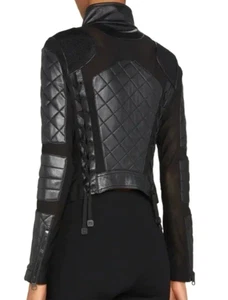 Blanc Noir Mesh Moto Leather Jacket Sz S Blue Diamond Quilted Lace-Up Back Chic - Picture 1 of 15