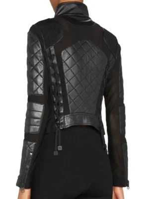 Chaqueta de Cuero Blanc Noir Malla Moto Talla S Azul Diamante Acolchada Con Cordones Espalda Elegante Foto 1 de 4