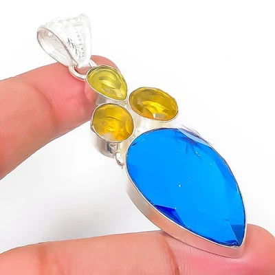 Pendente In Argento Sterling 925 Con Topazio Blu Svizzero E Citrino 2.56" - Immagine 1 di 4