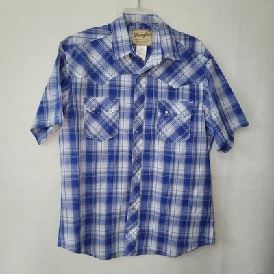 Wrangler Western Shirt Mens Large Blue Check Plaid Sawtooth Pocket Pearl Snap - Image 1 of 4