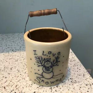 Maple City Pottery Crock Glazed I LOVE SNOWMEN Ceramic Handmade Handle Monmouth - Picture 1 of 4