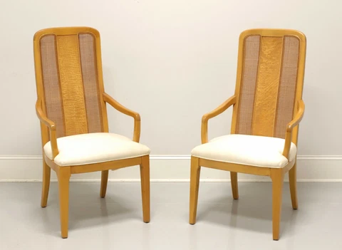 BERNHARDT Caned Burl Maple Contemporary Dining Armchairs - Pair Cover