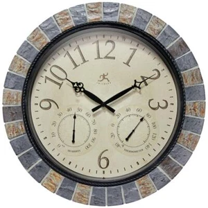 Round Wall Clock Faux Stone-Look Plastic Frame Glass Lens Hygrometer Thermometer - Picture 1 of 5