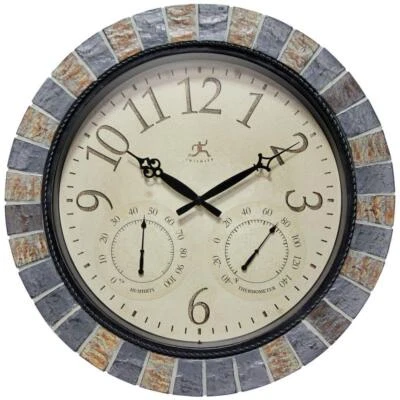 Round Wall Clock Faux Stone-Look Plastic Frame Glass Lens Hygrometer Thermometer - Image 1 of 4