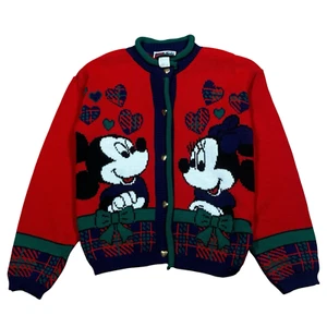 Vintage Mickey & Minnie Mouse Walt Disney Knit Cardigan Sweater Girls Sz L 14 - Picture 1 of 9