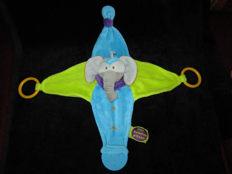 Mon Doudou & Compagnie d'Eveil Elephant Eléphant gris bleu vert Indidous anneaux - Photo 1/1