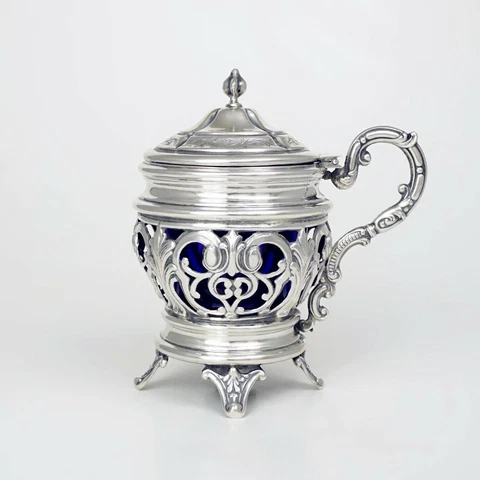 Antique French Sterling Silver Mustard Pot Cobalt Blue Glass Liner Cover