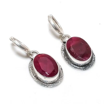 Lab-Created Ruby Gemstones Handmade 925 Steling Silver Dainty Jewelry Earring - Image 1 of 4