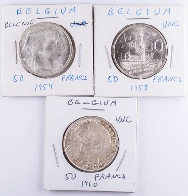 1954 1958 1960 50 Francos Bélgica Lote de 3 Monedas de Plata  Foto 1 de 3