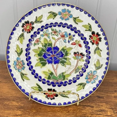 10" Old Dynasty Purple Bronze Cloisonne Enamel Flower Pen Tray Dish Plate Floral Foto 1 de 4