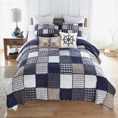 Donna Sharp Checkerboard Indigo Cotton 5-Pc Queen Quilt Set Blue Nautical Sea - Image 1 of 4