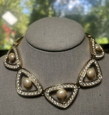 VTG Signed Designer PIERRE BALMAIN Crystal Rhinestone Gold Pearl Collar Necklace