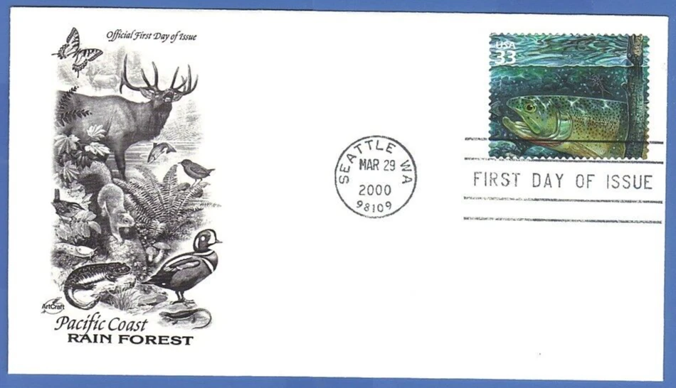 First Day Issue Pacific Coast Rain Forest Cutthroat Trout 33 Cent Stamp 2000 FDC - Image 1 of 1