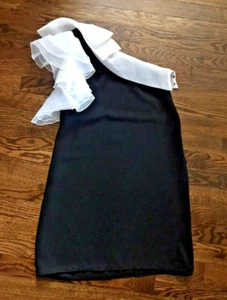 vtg 70s dress black white organza ruffle one shoulder party prom mini dress XS - Picture 1 of 11