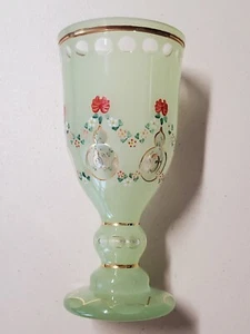 Vintage Transparent Green Crystal Glass Cut Hand Painted Goblet Appears As Czech - Picture 1 of 17