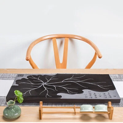 Black Stone Tea Tray Heavy Stone Water Draining Tea Table Lotus Blossom Embossed - Image 1 of 4