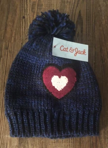 Cat & Jack New Hat Beanie Pompom Navy Sequin Heart Girl’s OSFM Blue, Pinks Pom - Picture 1 of 6