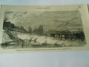 Gravure 1865 - Incendie d'une distillerie d'alcool à Charenton - Foto 1 di 1