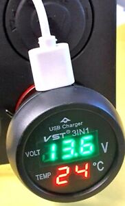 USB Ladegerät Voltmeter Thermometer 3in1 Kfz Ladestecker 