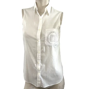 Tommy Hilfiger Top Womens 2 White Sleeveless Collared Blouse Shirt Lacy Pocket - Picture 1 of 7