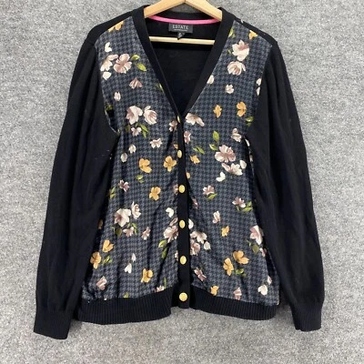 Isaac Mizrahi Cardigan 女式 L 大号黑色花卉 V 领针织长袖纽扣 — 第 1/4 张图片