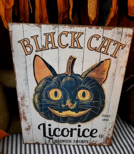 OLD GOTHIC FOLK PRIMITIVE VINTAGE STYLE HALLOWEEN BLACK CAT LICORICE CANDY SIGN - Picture 1 of 10