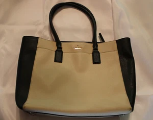 KATE SPADE New York Tan Beige Black Genuine Leather PVC Coated Large Tote Bag - Picture 1 of 7