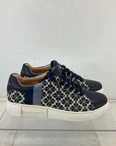 Kate Spade "Keswick" Blue Beige Flower Jacquard Leather Sneakers 10B - Picture 1 of 7