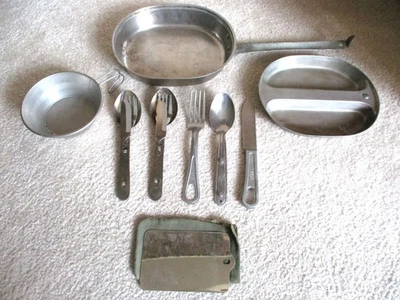 Vintage Army MESS KIT Pan Cup Fork Knife Spoon Mirror Military Steel Field Gear - Image 1 of 4