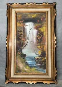 Antique Multicolor Oil Painting Of Waterfall In Forest by M C Serro Mexico 1900s - Picture 1 of 10
