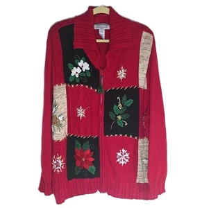 Vintage Tiara International XL Weihnachtspullover Blumenapplikation Perlen Reißverschluss Kragen - Bild 1 von 3