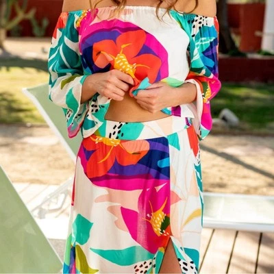 La Blanca NWT Women’s Swim Cover -Up Top & Midi skirt multicolor floral print XL - Image 1 of 4