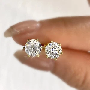 5CTW Round Cut D/VVS1 Lab Created Diamond 14k Yellow Gold Plated Stud Earrings - Picture 1 of 4