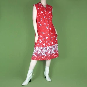 VINTAGE 70s 80s Midi Knee Red Floral White Mod Pattern Dress M 12 14 Medium - Picture 1 of 13